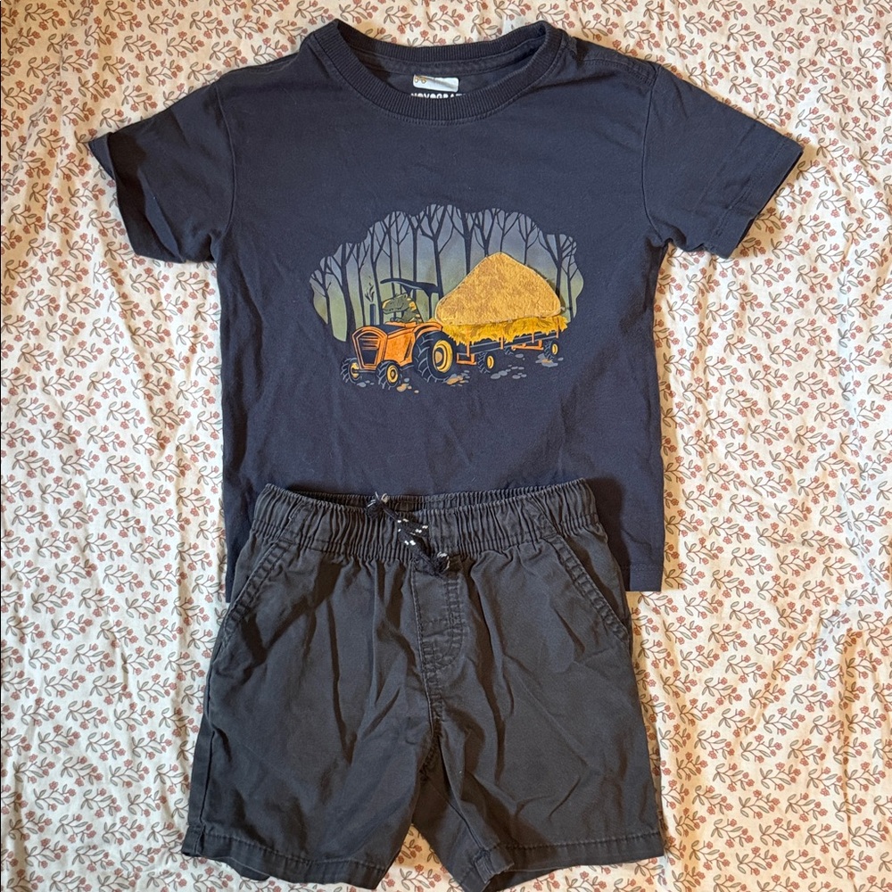 Cat & Jack Navy Blue Short Sleeve Tee with Orange Tractor Graphic